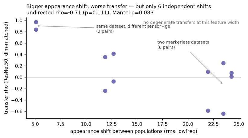 Transfer against appearance shift over four force-labelled Mini populations. Crosses are d